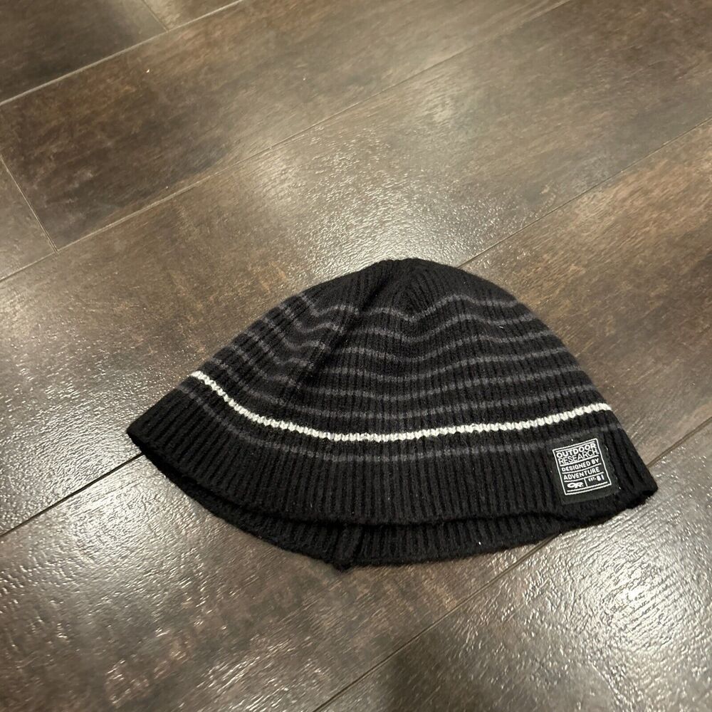Outdoor Research Gray Stripe Black Wool Blend Beanie Skull Cap Winter Snow One - Picture 2 of 12